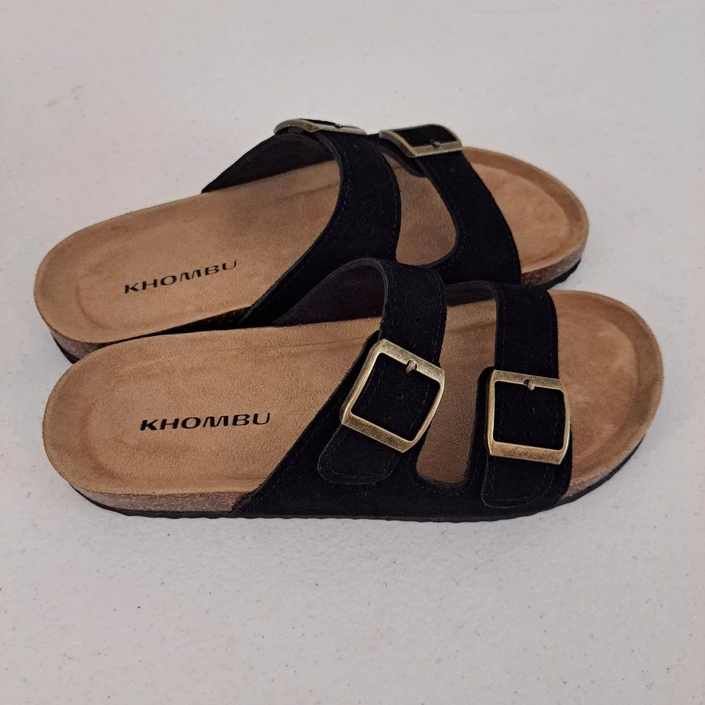 Khombu Ashville Sandals Womens 7 Black New Leather Double Buckle Slide 1221-378